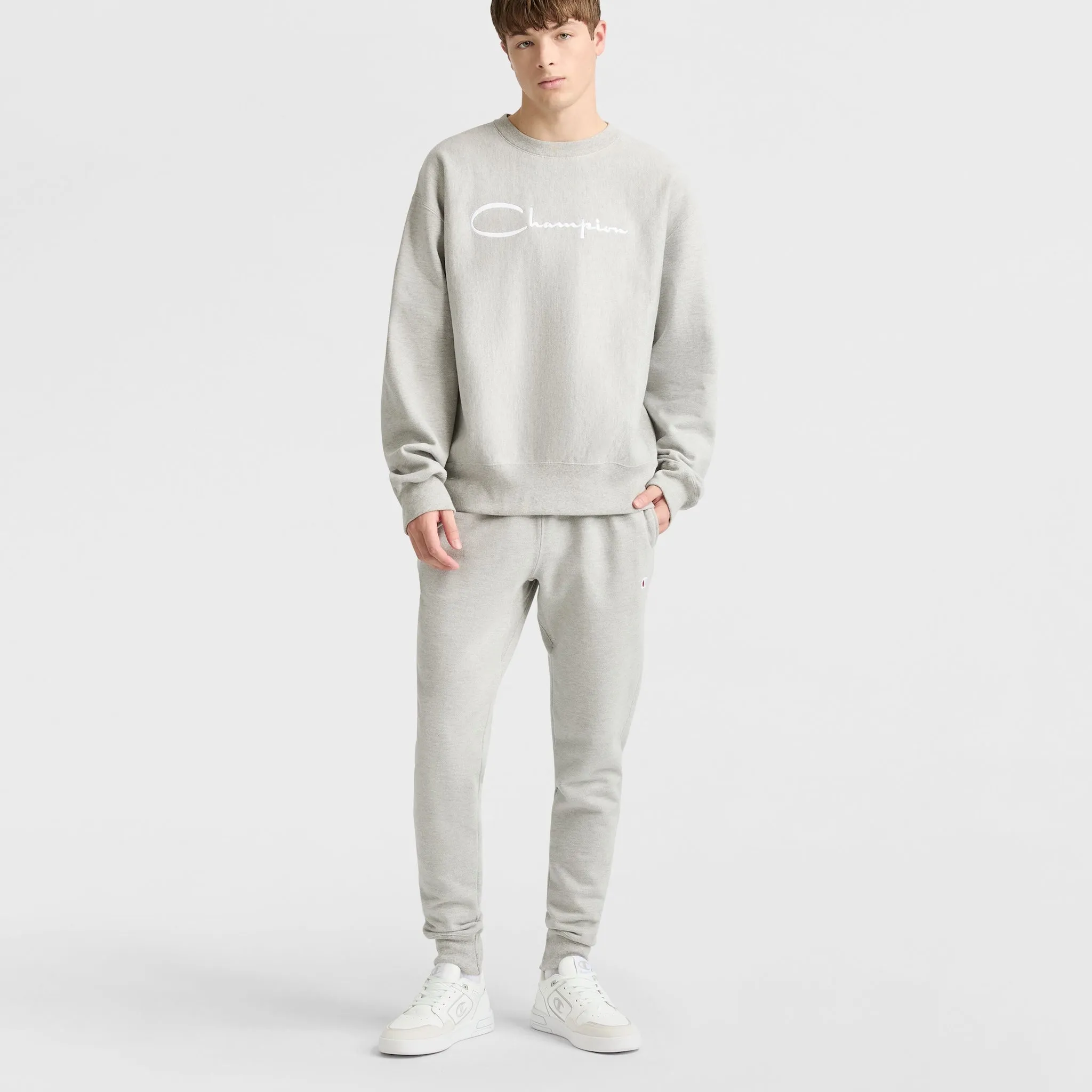 Reverse Weave Crewneck Sweatshirt, White Vintage Script Logo Urban Street Look