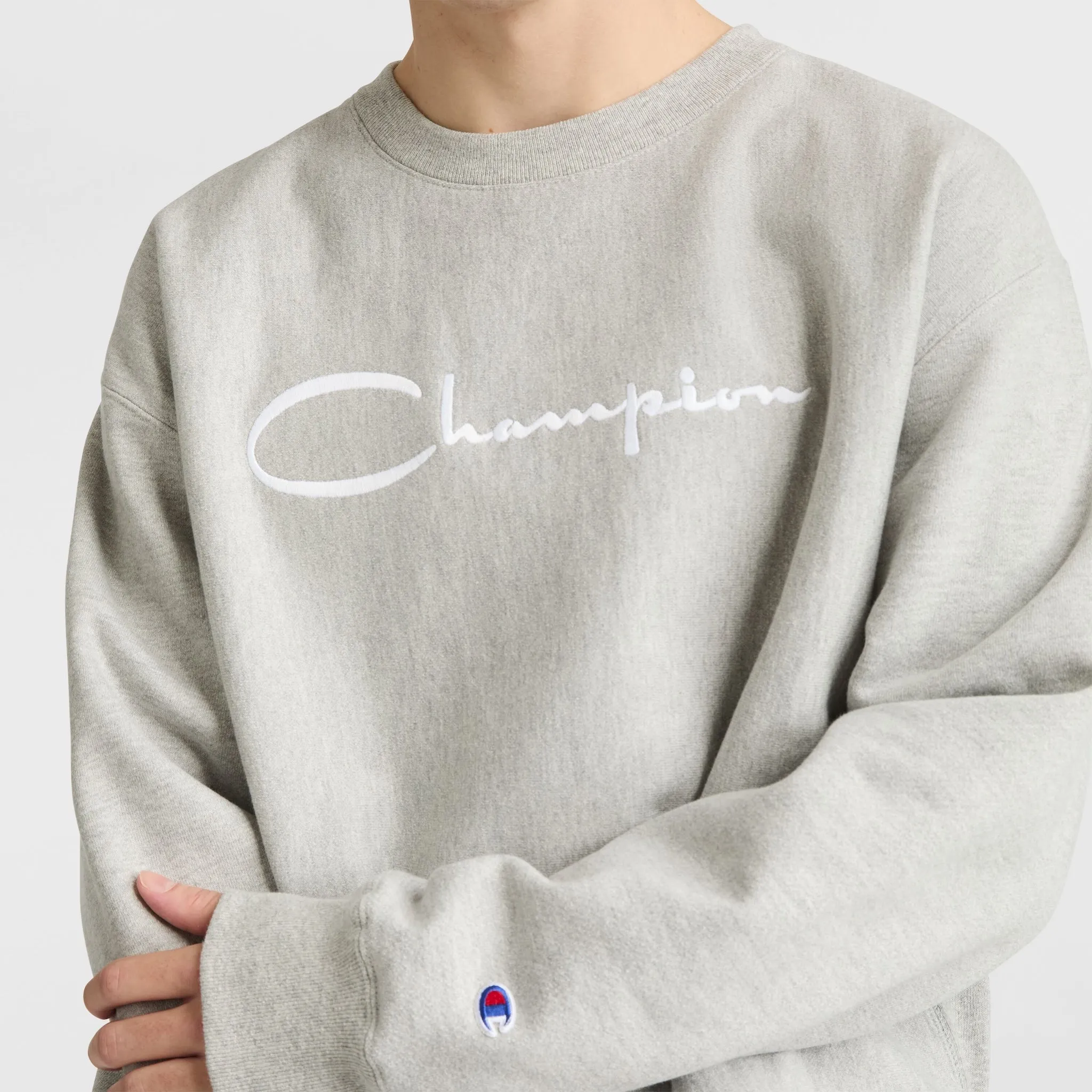 Reverse Weave Crewneck Sweatshirt, White Vintage Script Logo Urban Street Look