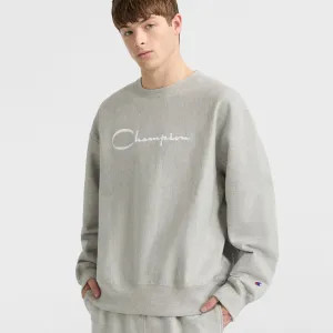 Reverse Weave Crewneck Sweatshirt, White Vintage Script Logo Urban Street Look