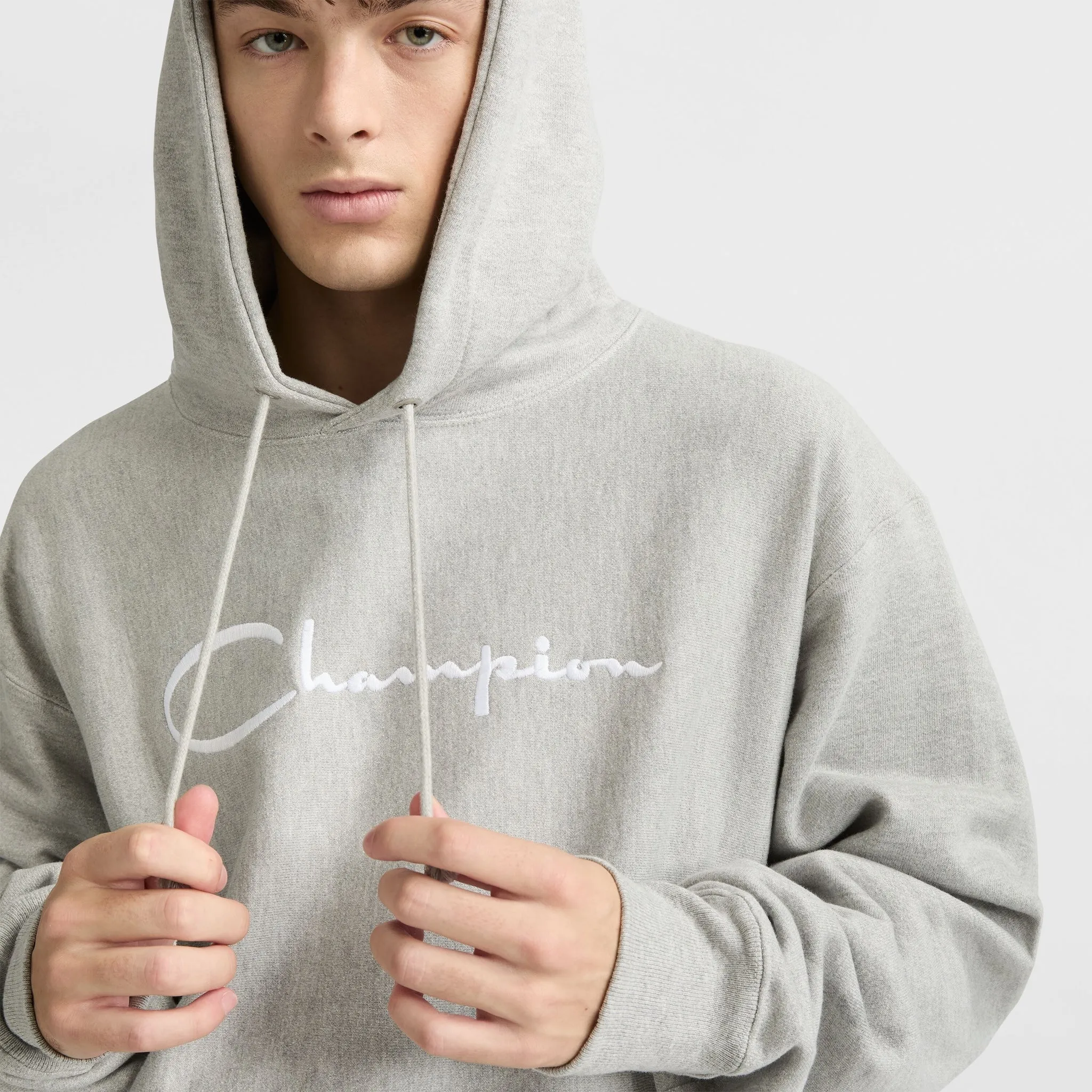 Reverse Weave Hoodie, White Vintage Script Logo Urban Street Look