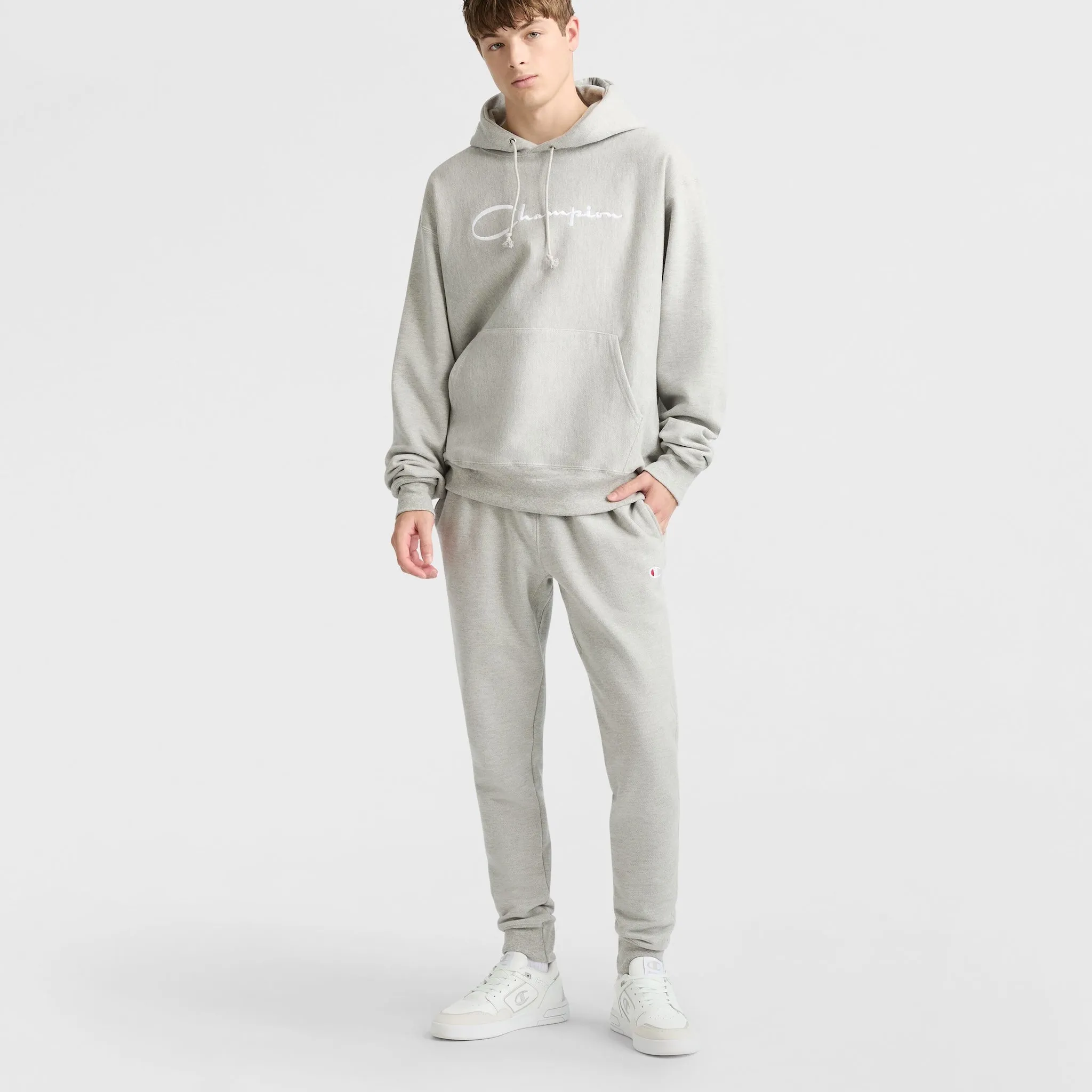 Reverse Weave Hoodie, White Vintage Script Logo Urban Street Look