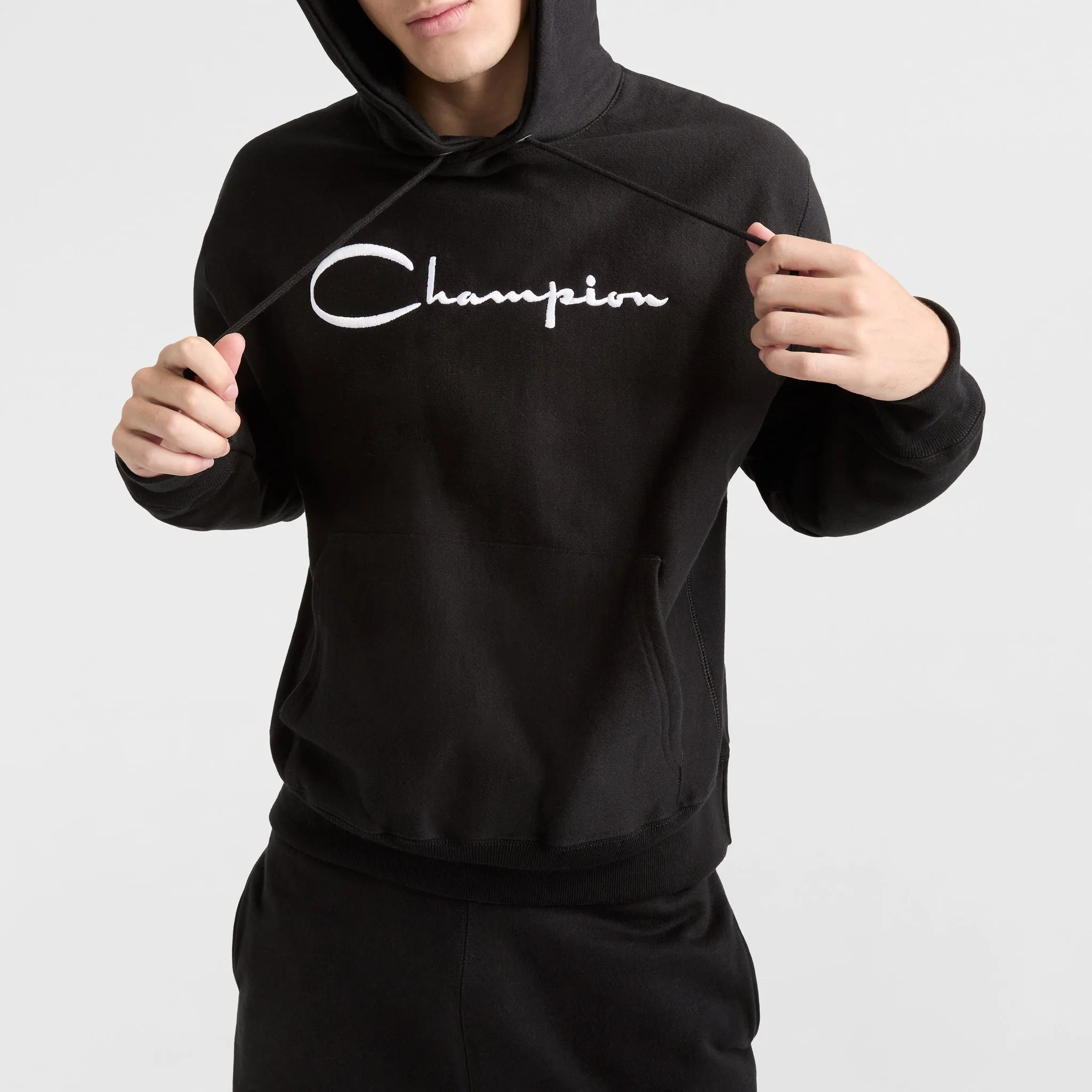 Reverse Weave Hoodie, White Vintage Script Logo Urban Street Look