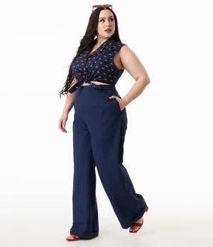Royal Monk Plus Size 1940s Navy Blue Trousers Comfortable Travel Wear
