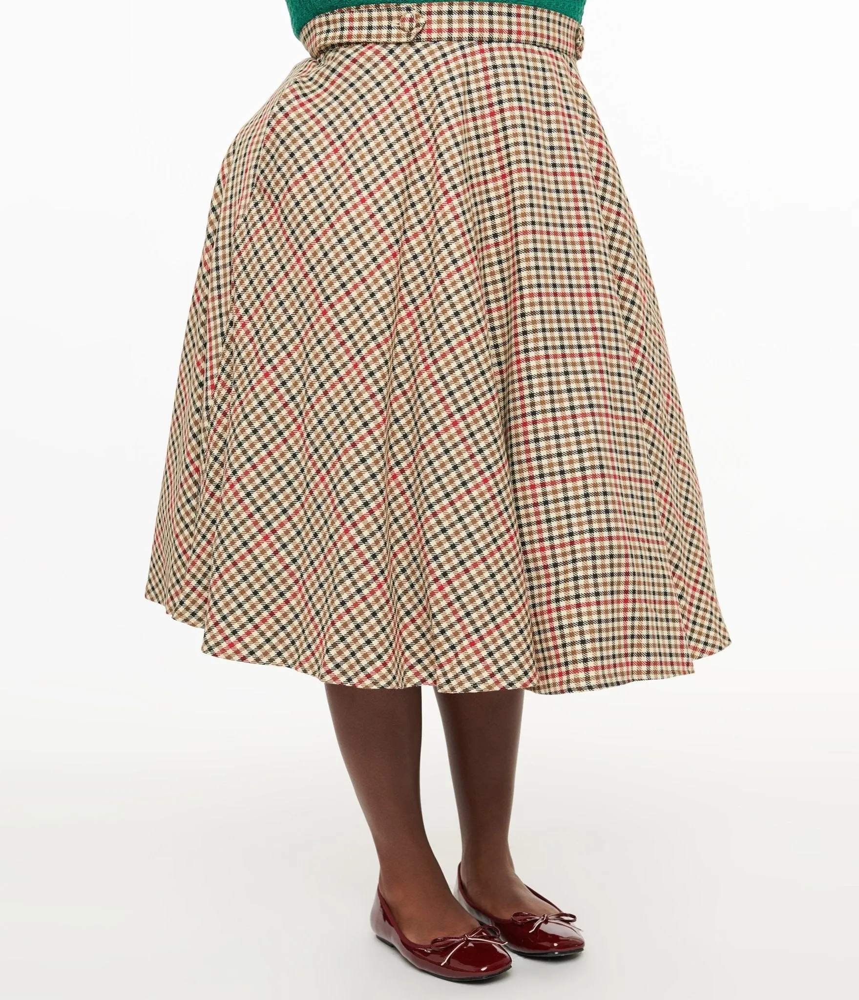 Royal Monk Plus Size 1950s Beige & Black Check Hilda Swing Skirt Comfortable Travel Wear