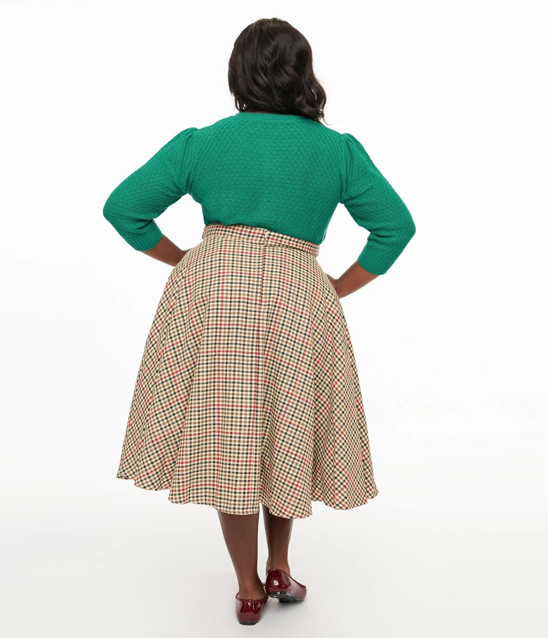 Royal Monk Plus Size 1950s Beige & Black Check Hilda Swing Skirt Comfortable Travel Wear