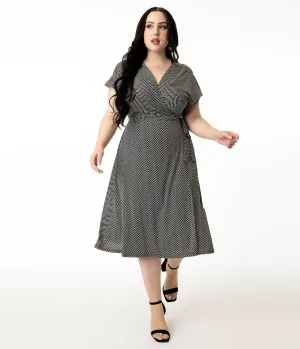 Royal Monk Plus Size 1950s Black & White Chevron Stripe Wrap Dress Casual Everyday Look