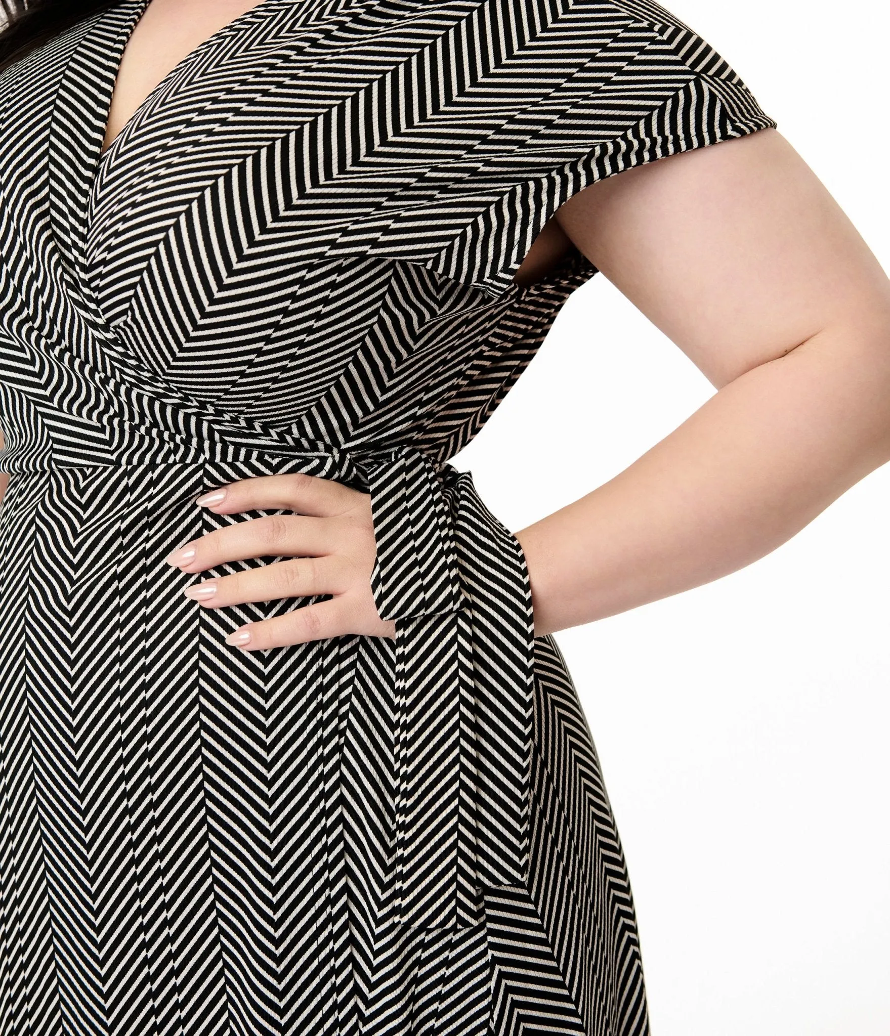 Royal Monk Plus Size 1950s Black & White Chevron Stripe Wrap Dress Casual Everyday Look