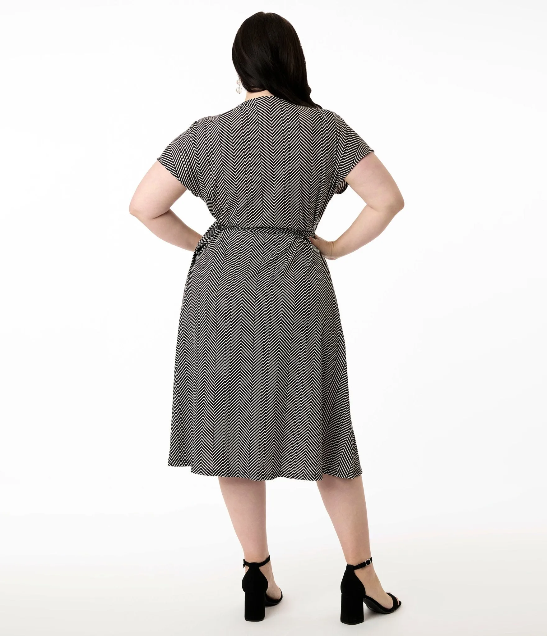 Royal Monk Plus Size 1950s Black & White Chevron Stripe Wrap Dress Casual Everyday Look