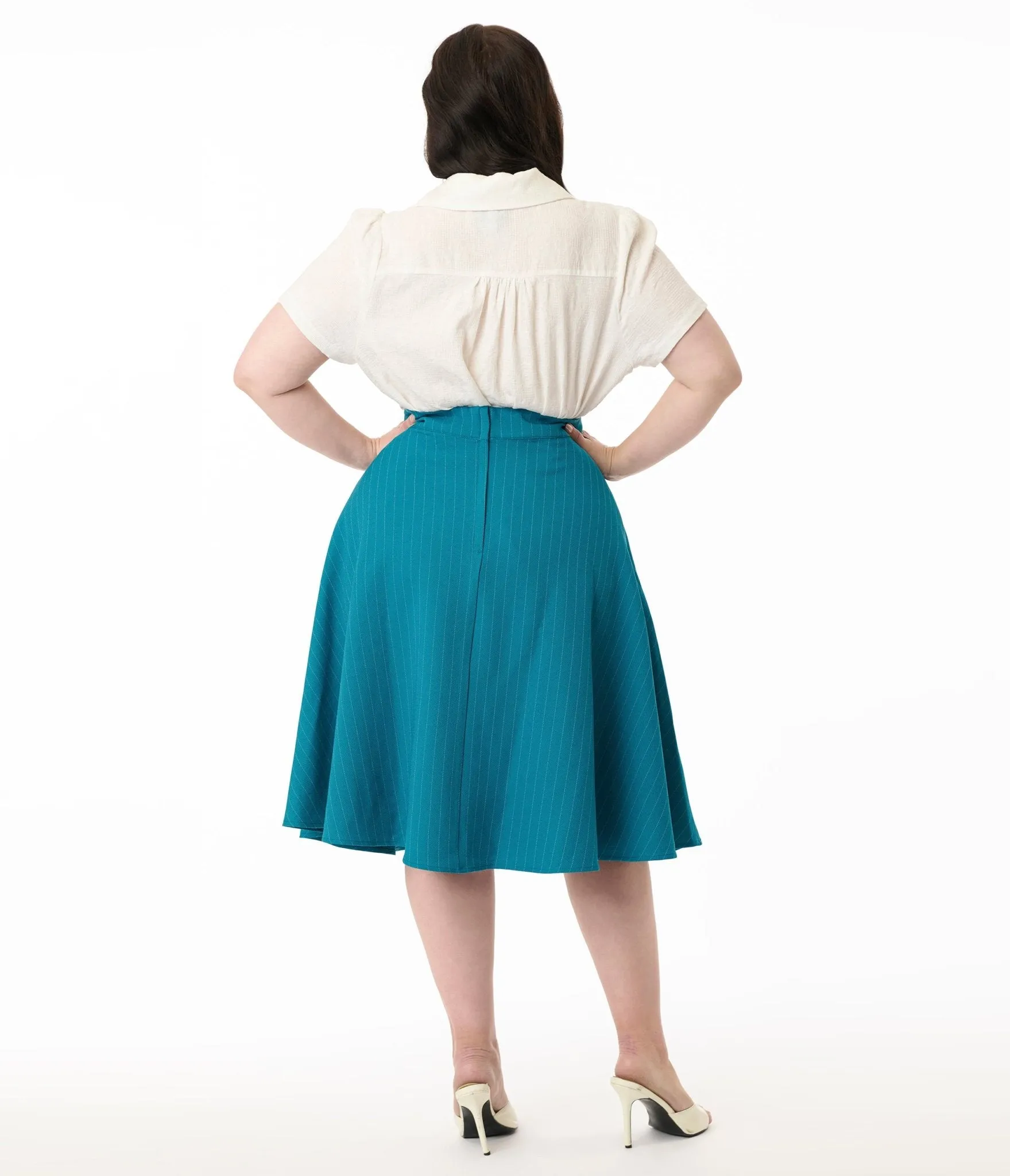 Royal Monk Plus Size 1950s Blue Pinstripe Swing Skirt Comfortable Travel Wear