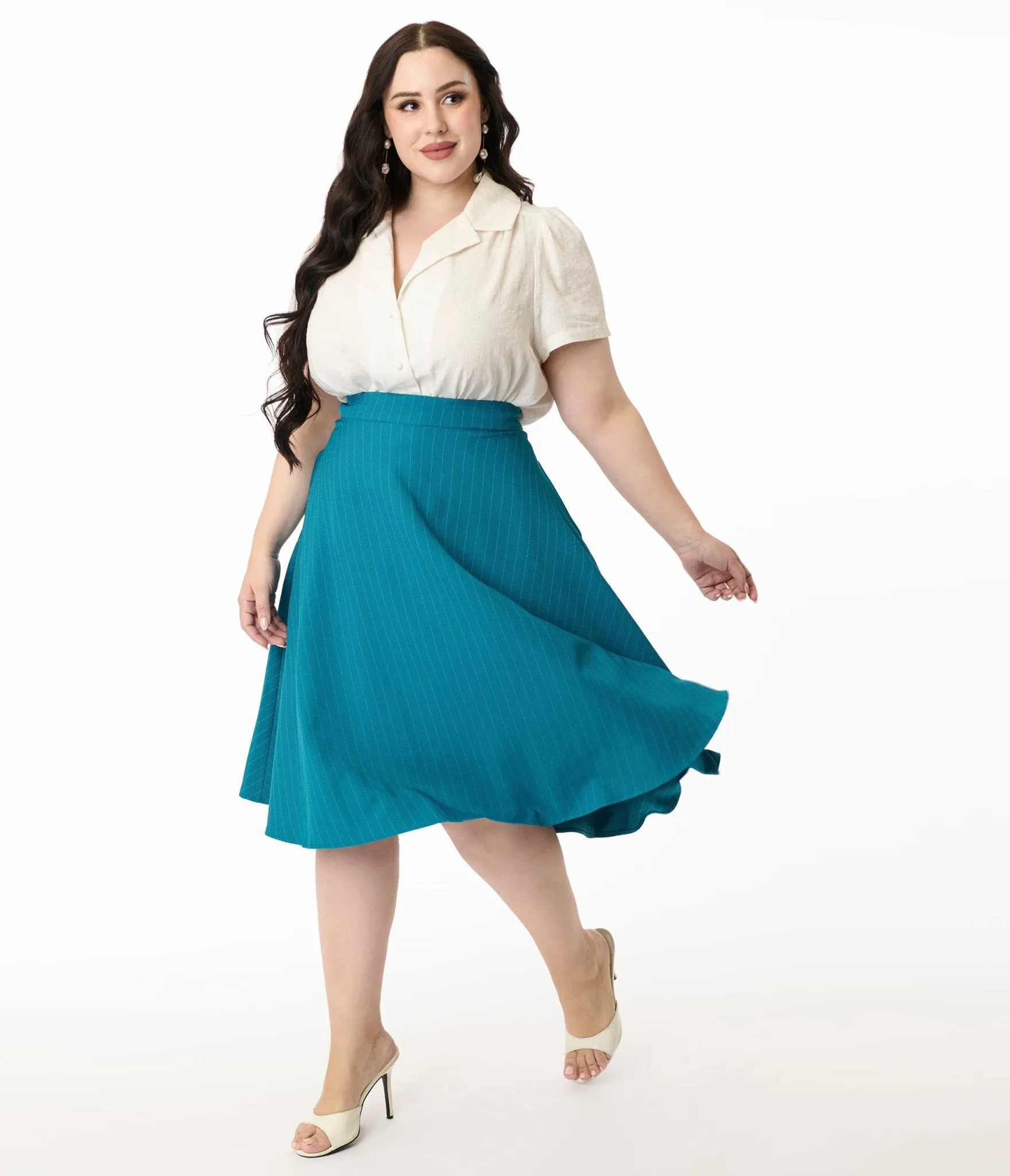 Royal Monk Plus Size 1950s Blue Pinstripe Swing Skirt Comfortable Travel Wear
