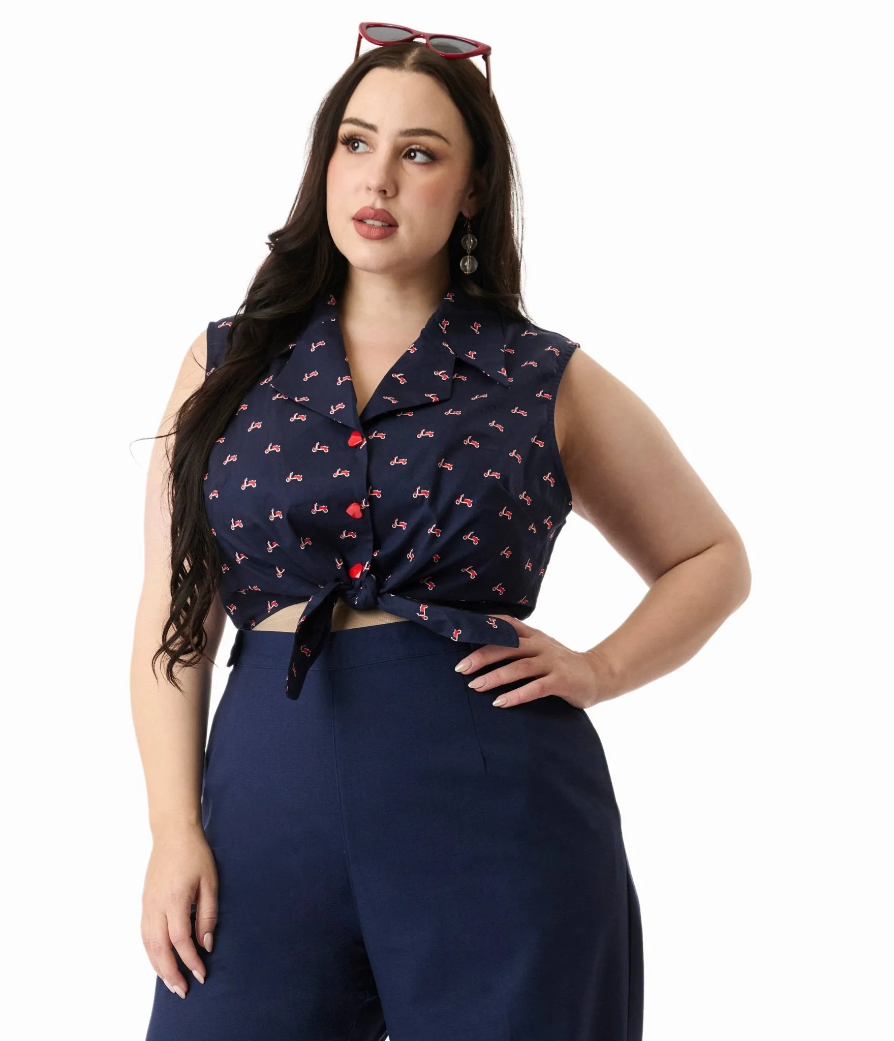 Royal Monk Plus Size 1950s Navy & Red Vespa Print Sandy Cotton Blouse Easy Date Night