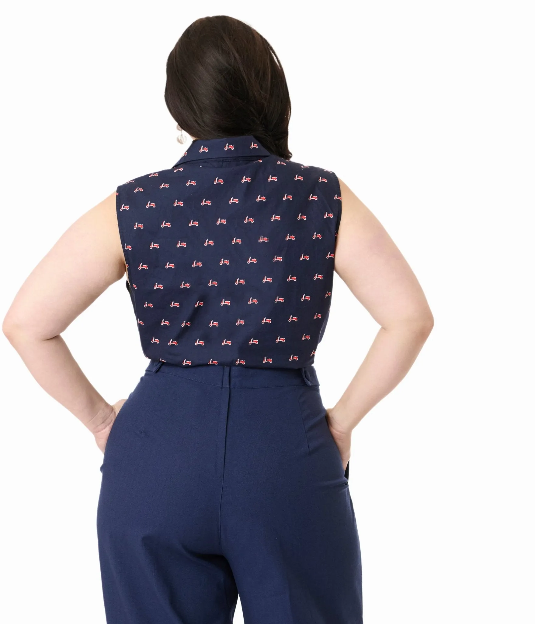 Royal Monk Plus Size 1950s Navy & Red Vespa Print Sandy Cotton Blouse Easy Date Night