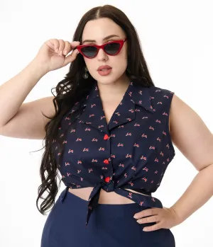 Royal Monk Plus Size 1950s Navy & Red Vespa Print Sandy Cotton Blouse Easy Date Night