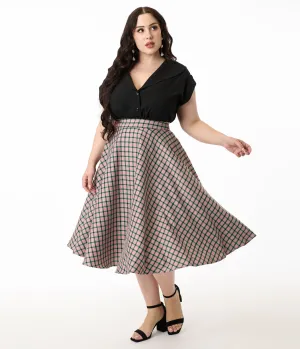 Royal Monk Plus Size 1950s Pink Plaid Swing Skirt Comfortable Travel Wear