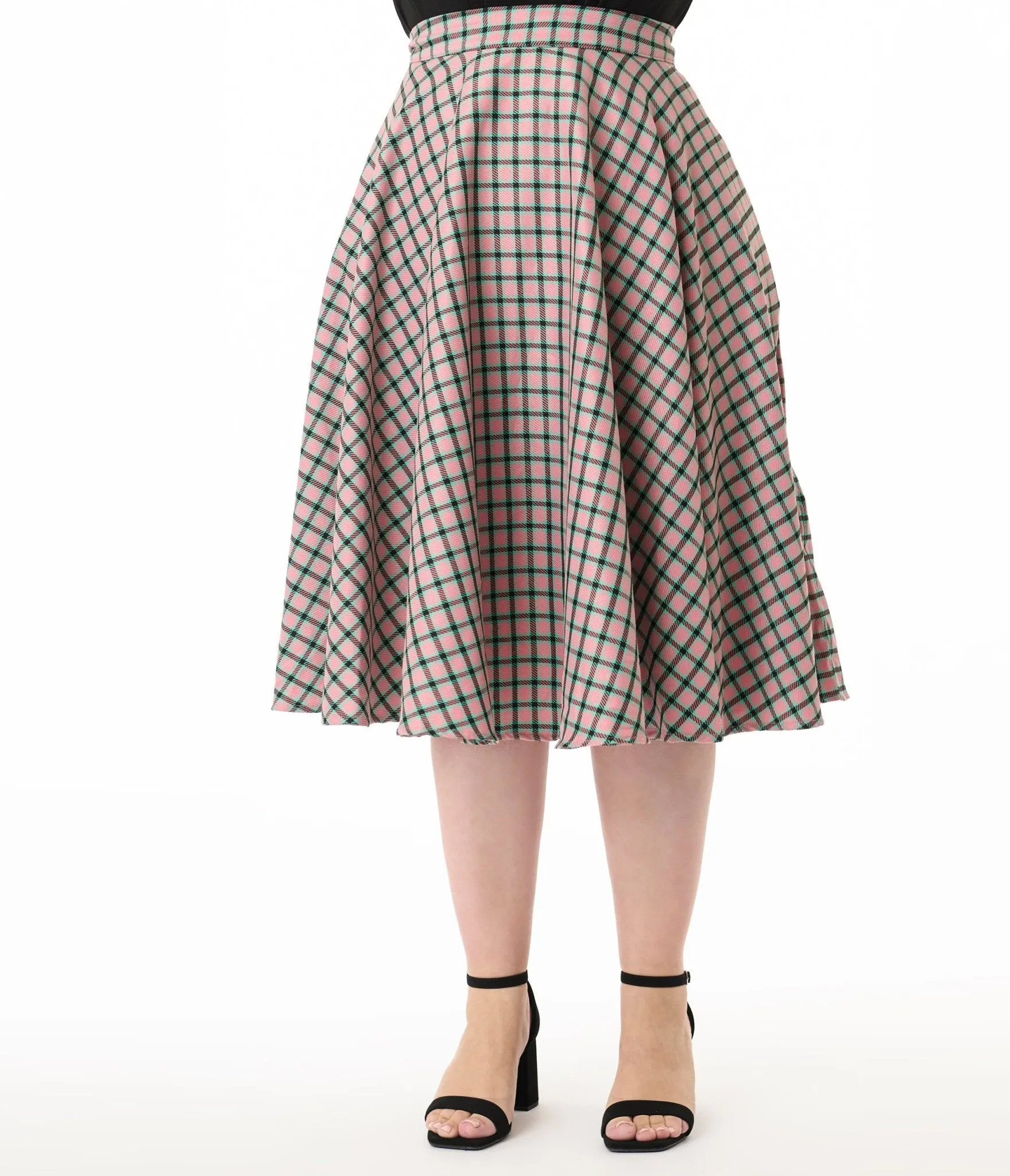 Royal Monk Plus Size 1950s Pink Plaid Swing Skirt Comfortable Travel Wear