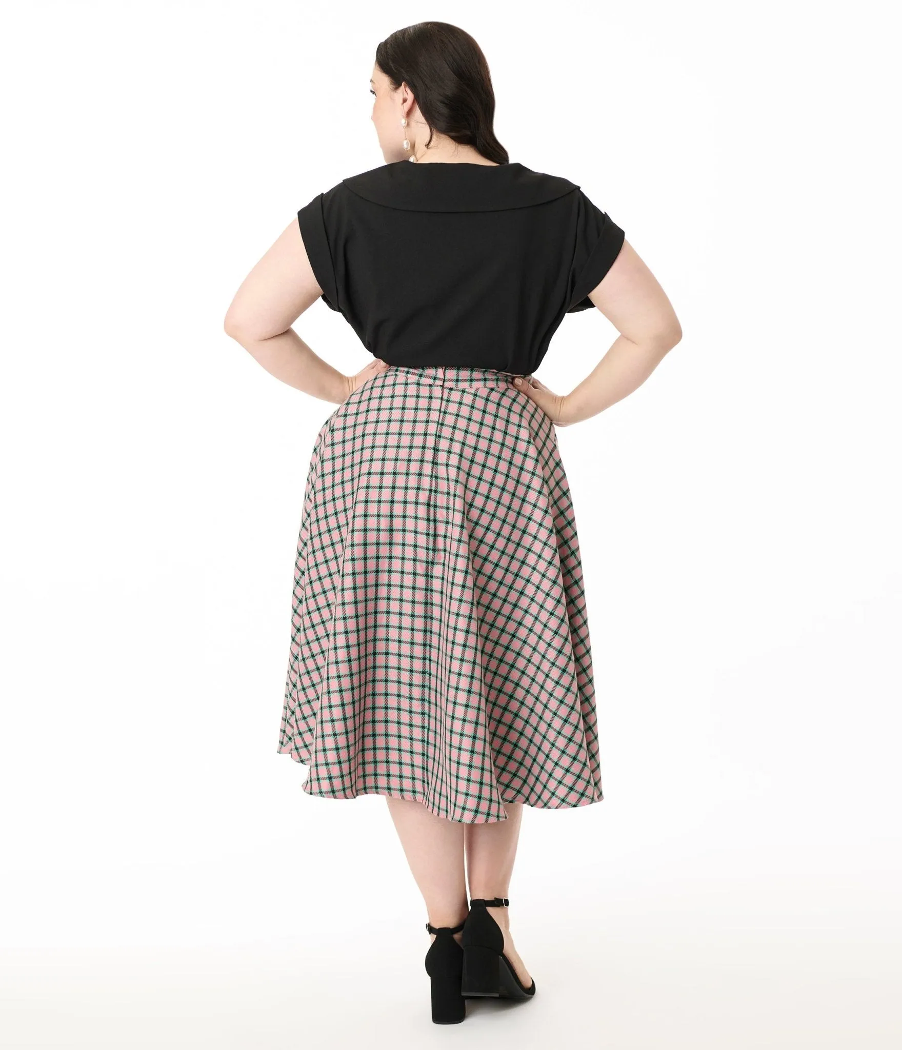 Royal Monk Plus Size 1950s Pink Plaid Swing Skirt Comfortable Travel Wear