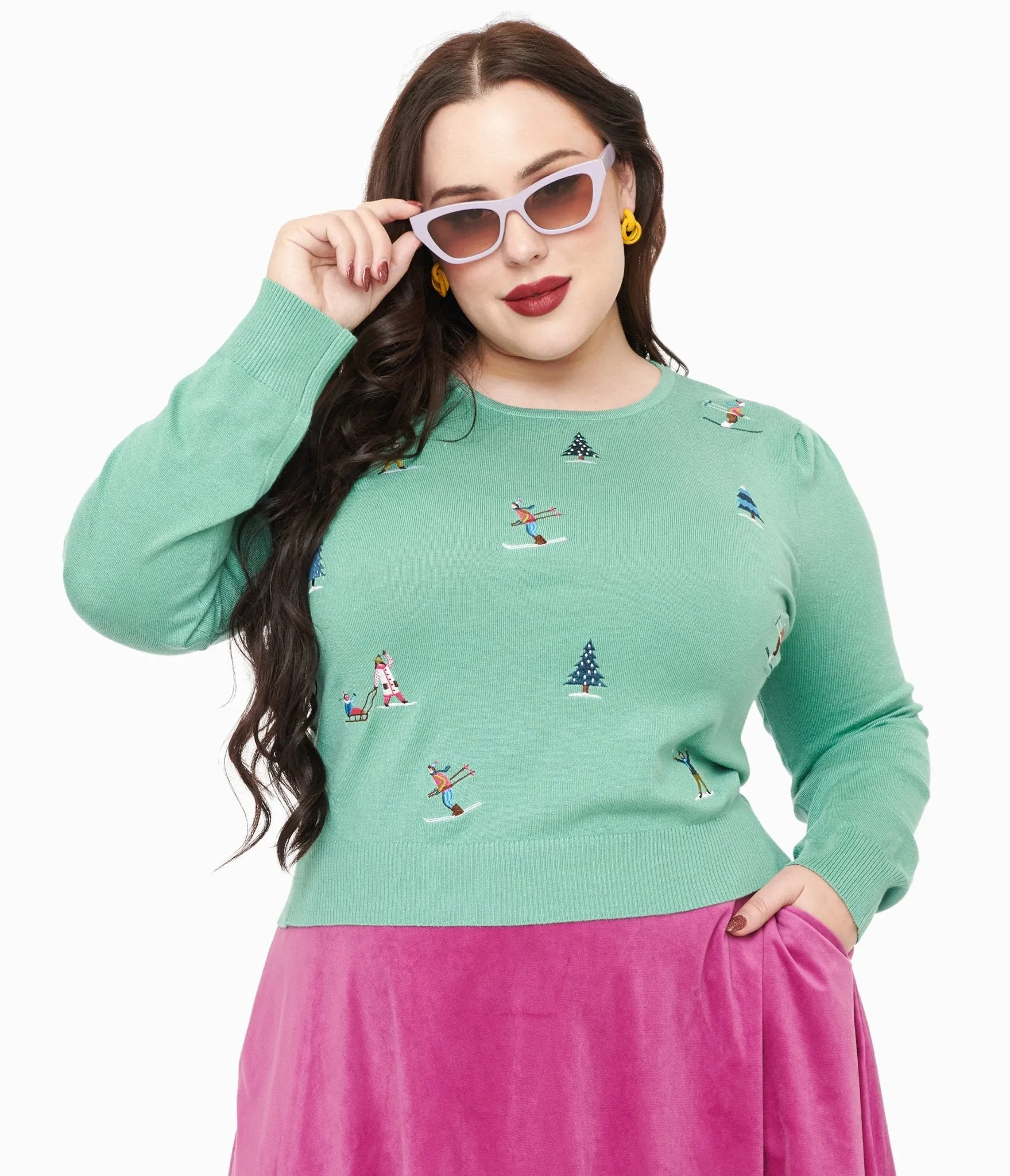 Royal Monk Plus Size 1950s Teal Ski Snow Season Sweater Easy Date Night