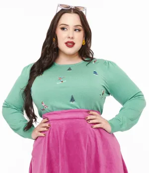 Royal Monk Plus Size 1950s Teal Ski Snow Season Sweater Easy Date Night