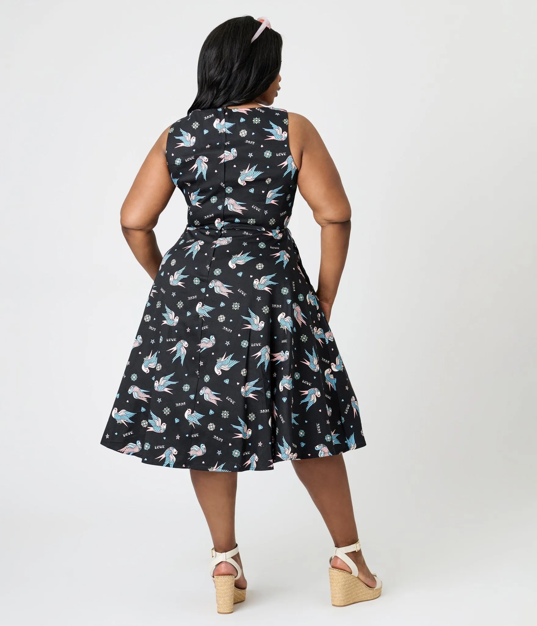 Royal Monk Plus Size Black & Blue Swallow Print Marilou Swing Dress Casual Everyday Look