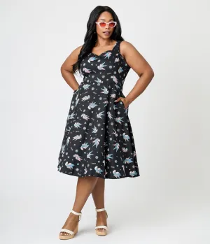Royal Monk Plus Size Black & Blue Swallow Print Marilou Swing Dress Casual Everyday Look