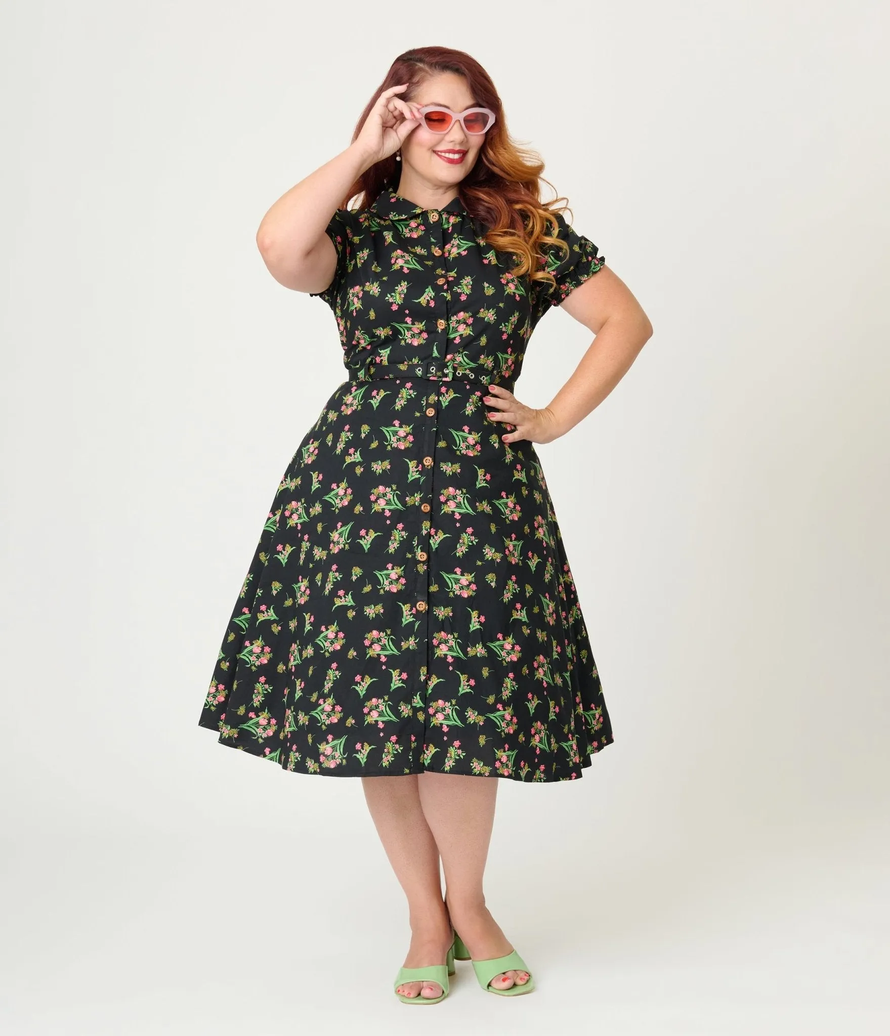 Royal Monk Plus Size Black & Pink Floral Star Jules Flare Dress Casual Everyday Look