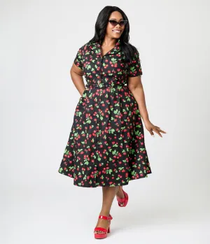 Royal Monk Plus Size Black & Red Cherries Darla Swing Dress Casual Everyday Look