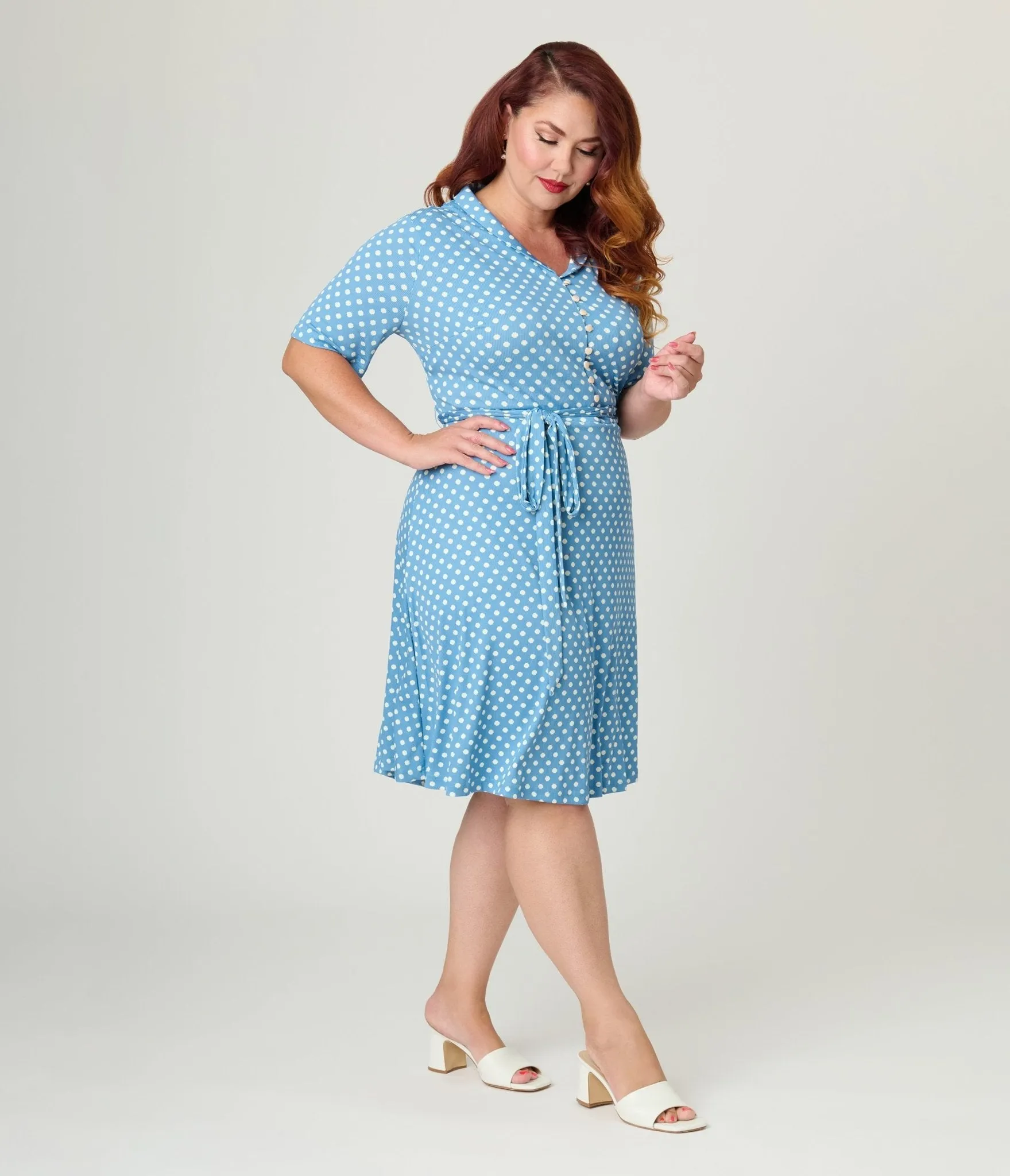 Royal Monk Plus Size Blue & White Polka Dot Ellen Swing Dress Casual Everyday Look
