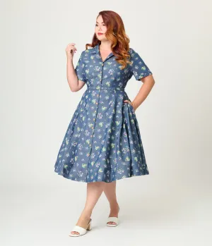 Royal Monk Plus Size Blue Floral Bloom Print Bella Swing Dress Casual Everyday Look