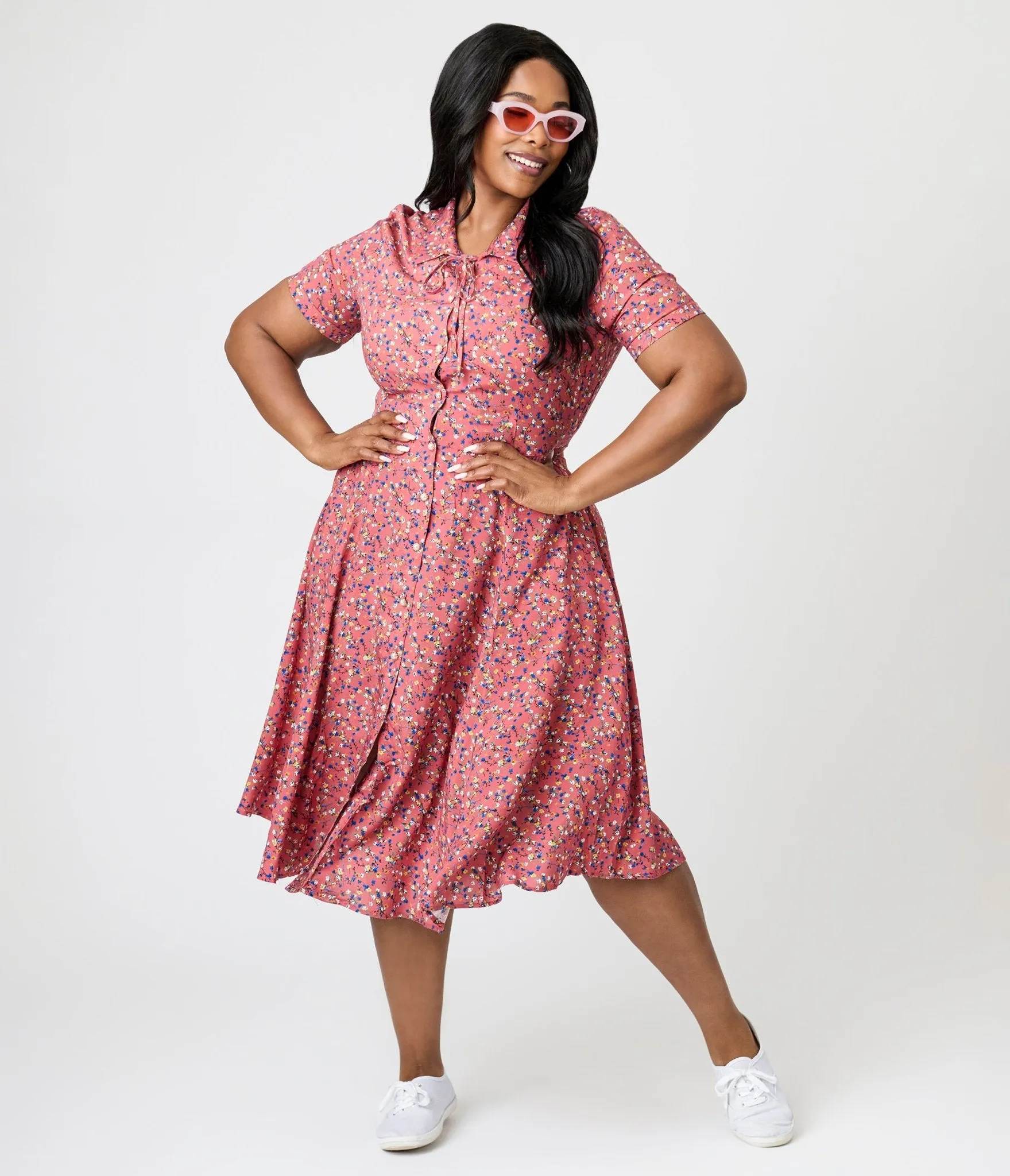 Royal Monk Plus Size Coral Spring Floral Midi Dress Casual Everyday Look