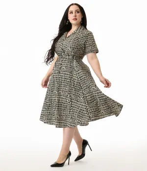Royal Monk Plus Size Cream & Black Scalloped Stripes Cotton Swing Dress Casual Everyday Look