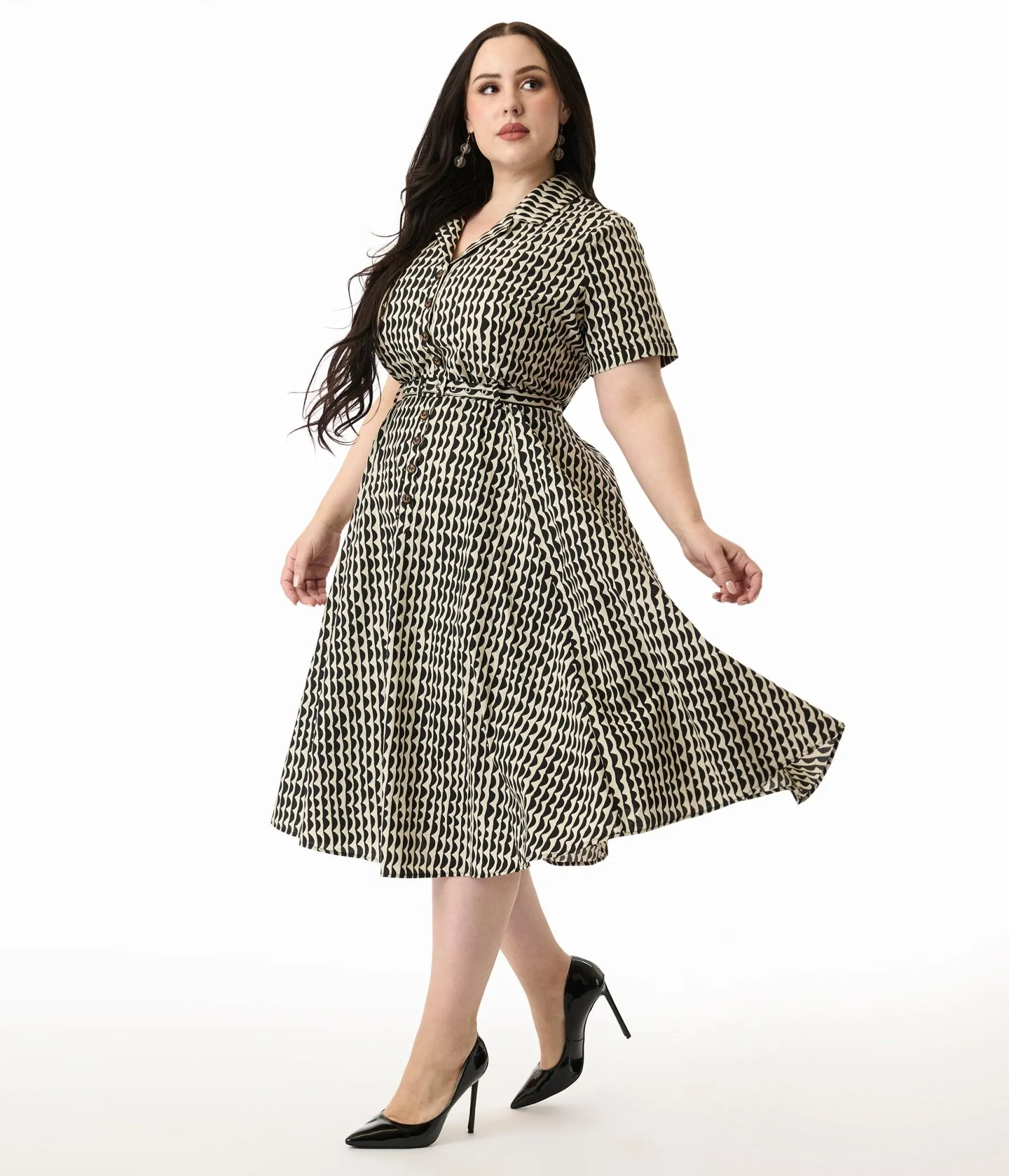 Royal Monk Plus Size Cream & Black Scalloped Stripes Cotton Swing Dress Casual Everyday Look
