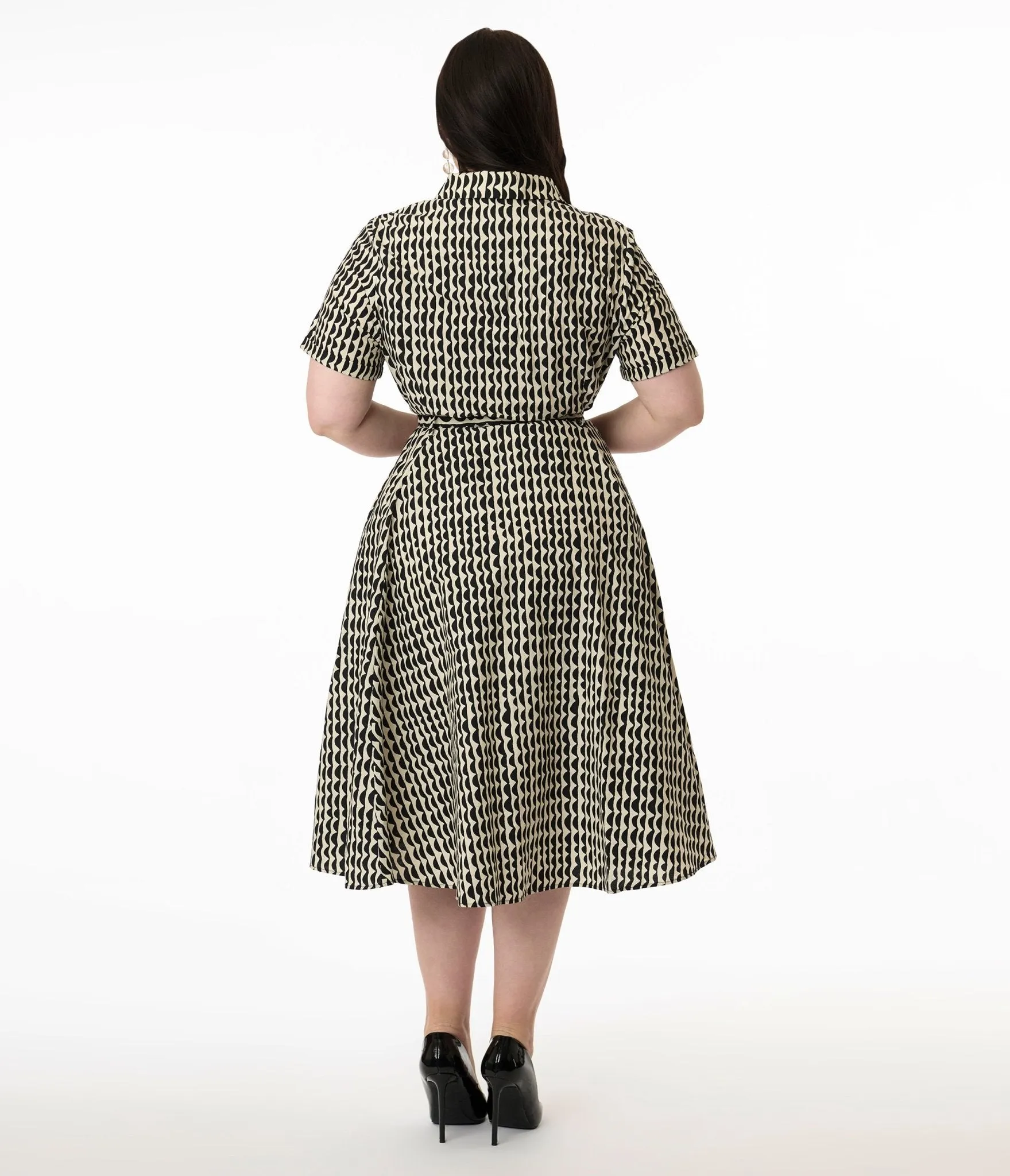 Royal Monk Plus Size Cream & Black Scalloped Stripes Cotton Swing Dress Casual Everyday Look