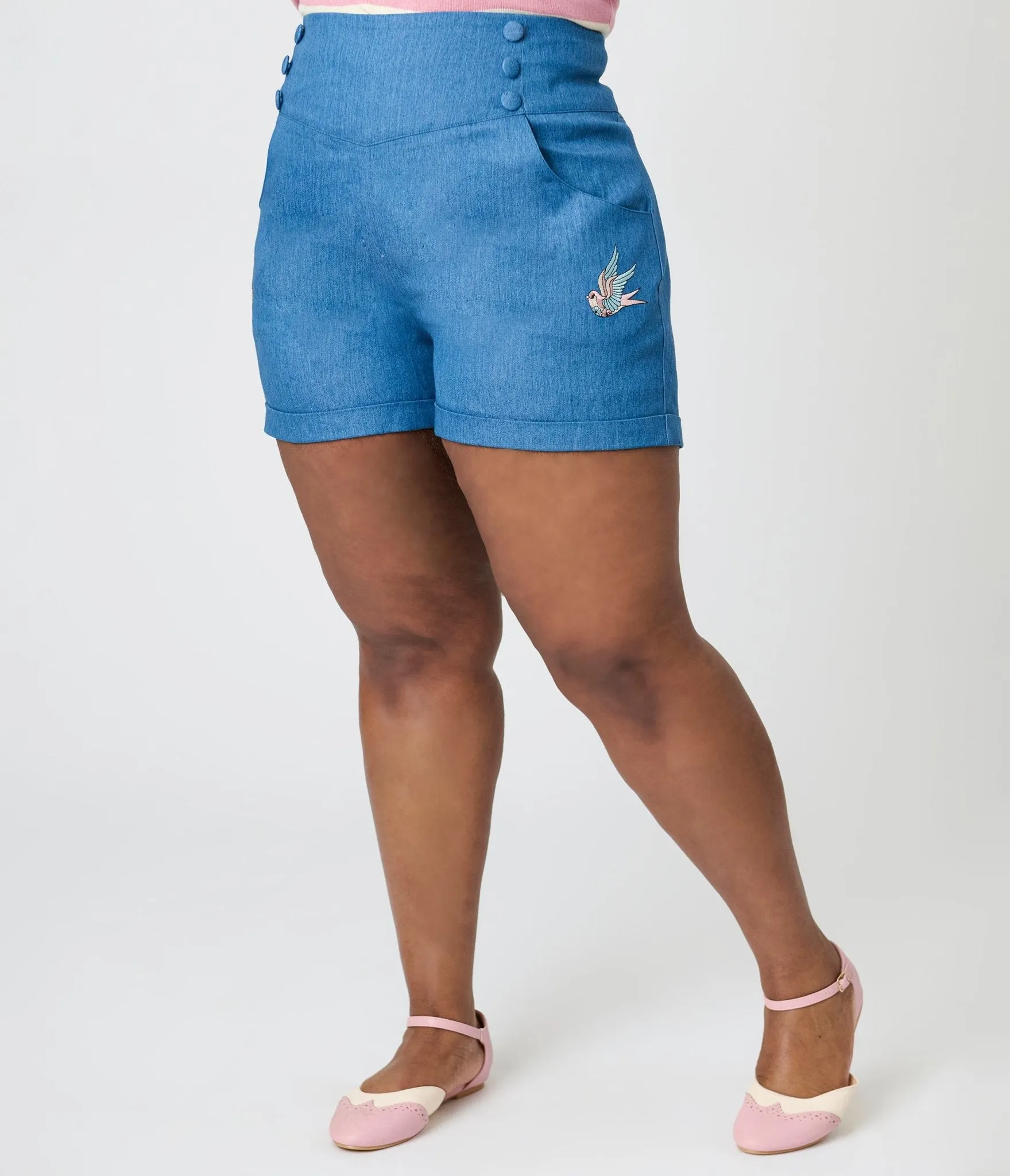 Royal Monk Plus Size Denim Blue Swallows Millie Shorts Comfortable Travel Wear