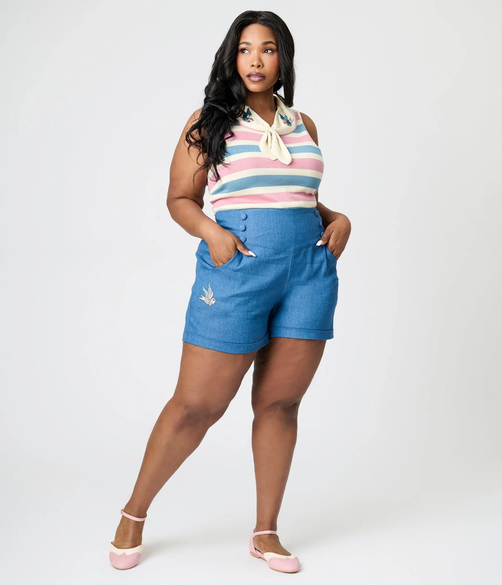 Royal Monk Plus Size Denim Blue Swallows Millie Shorts Comfortable Travel Wear