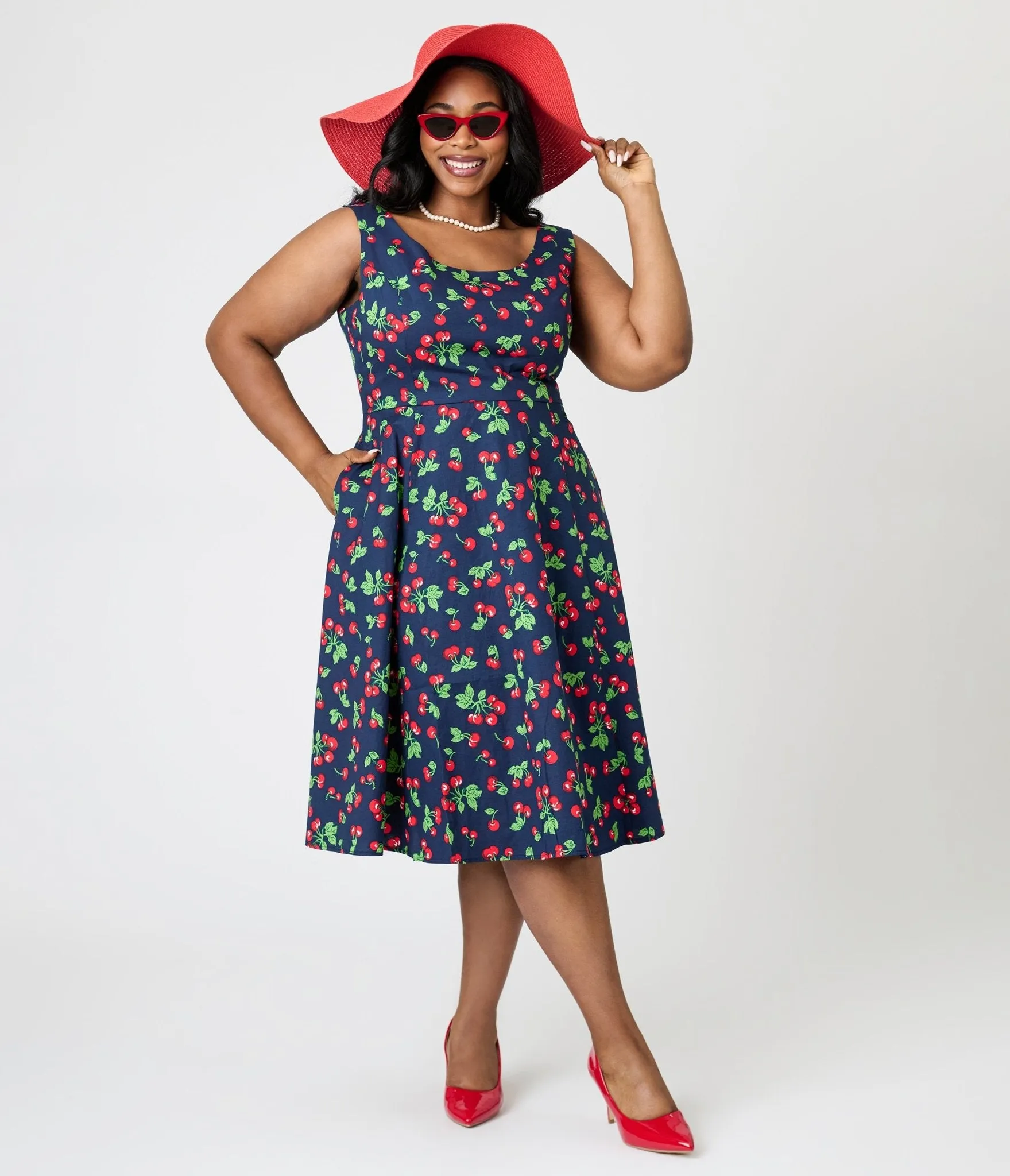 Royal Monk Plus Size Navy Cherry Heart Nora Swing Dress Casual Everyday Look