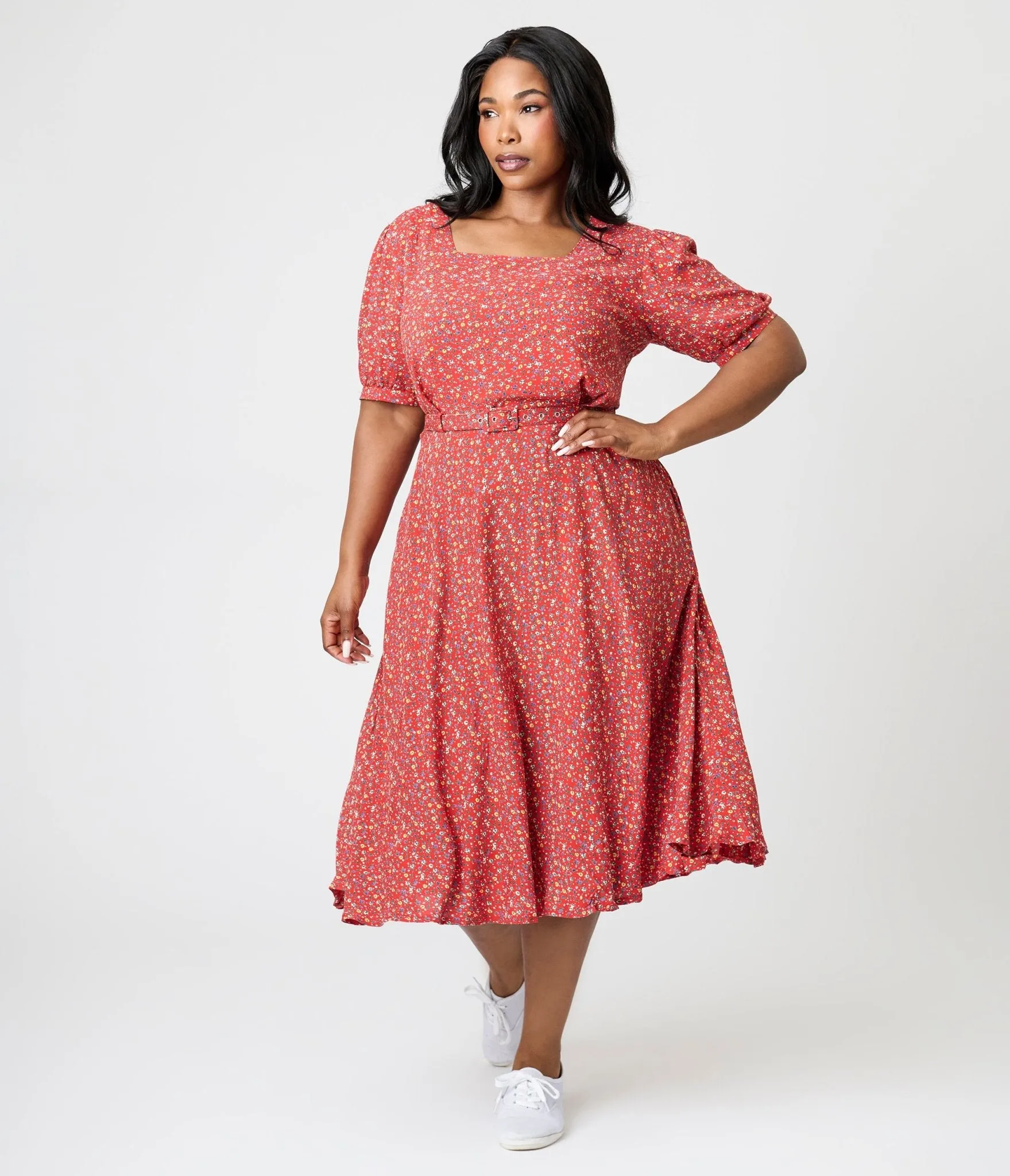 Royal Monk Plus Size Red Summer Floral Eva Bloom Midi Dress Casual Everyday Look