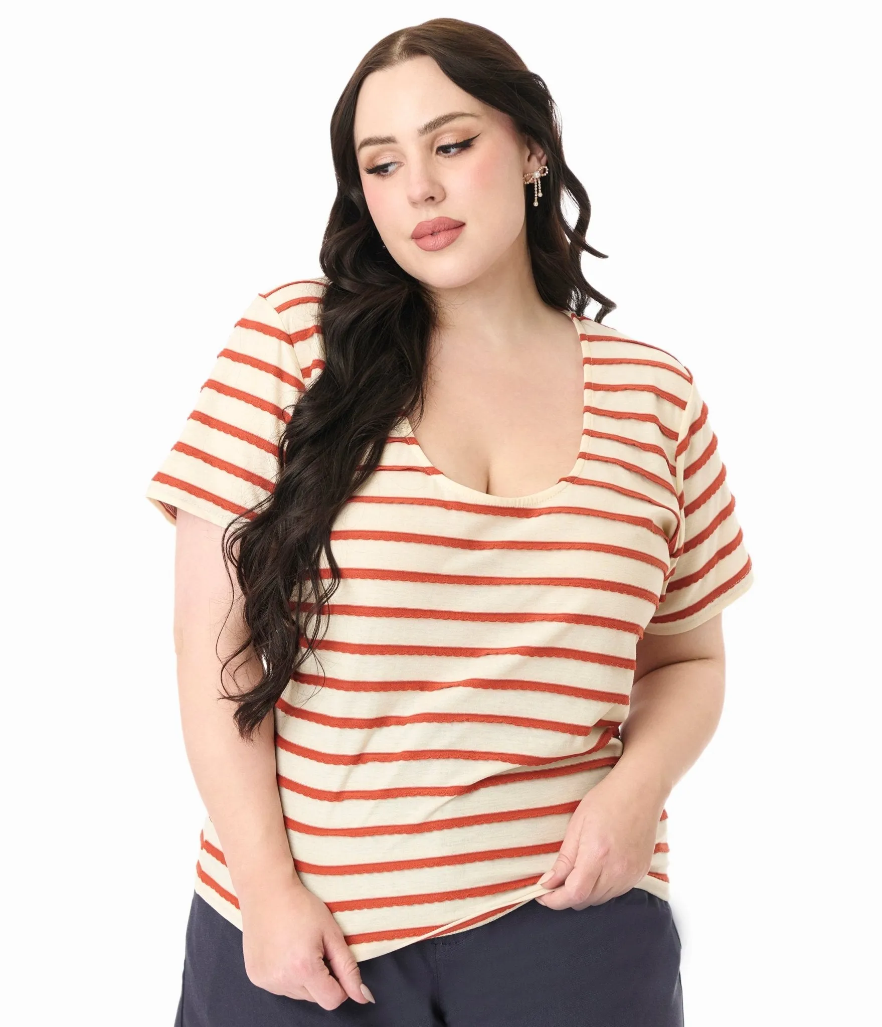 Royal Monk Plus Size Tan & Rust Orange Ruffle Stripe Knit Top Easy Date Night