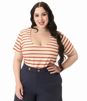 Royal Monk Plus Size Tan & Rust Orange Ruffle Stripe Knit Top Easy Date Night