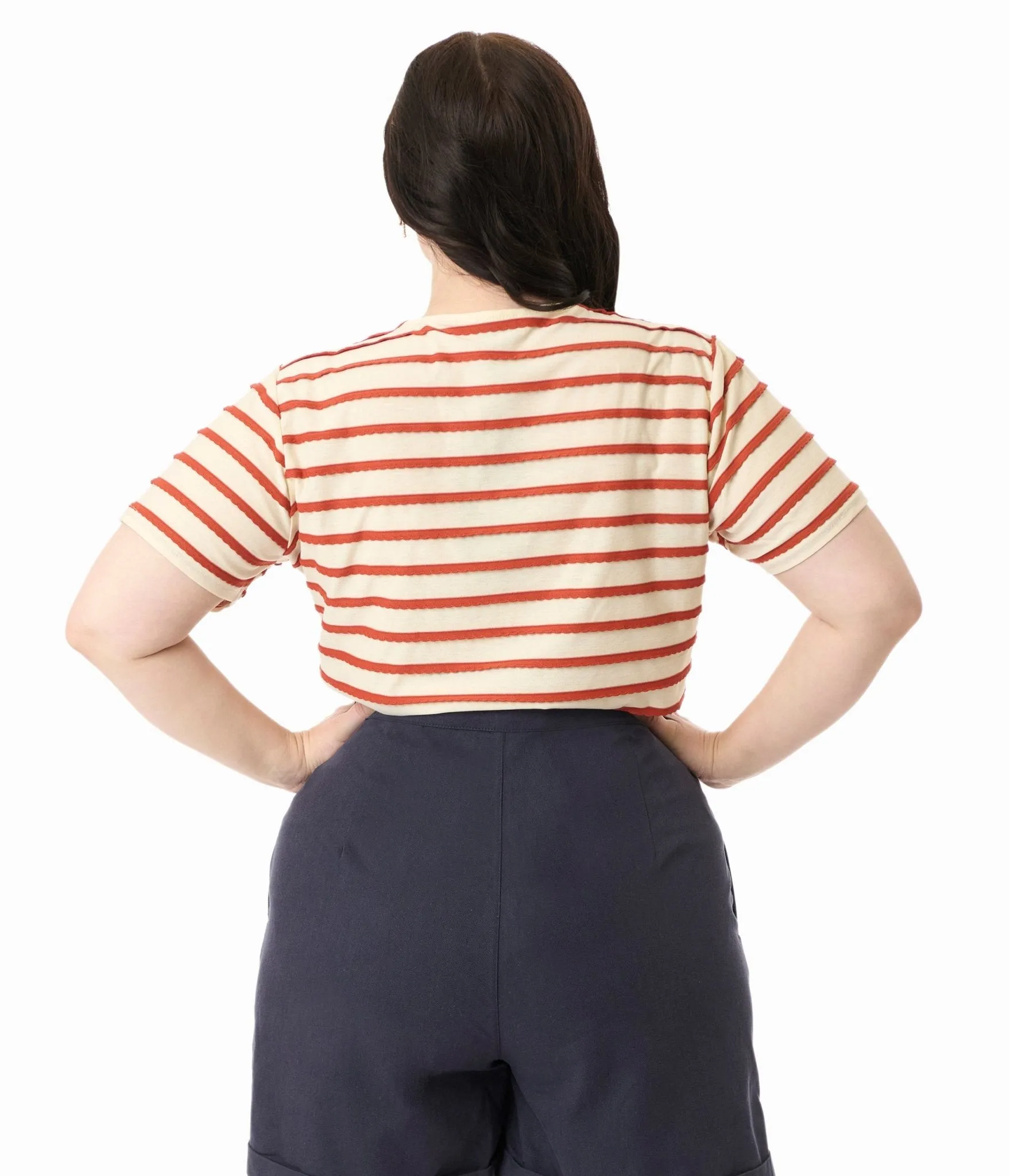 Royal Monk Plus Size Tan & Rust Orange Ruffle Stripe Knit Top Easy Date Night