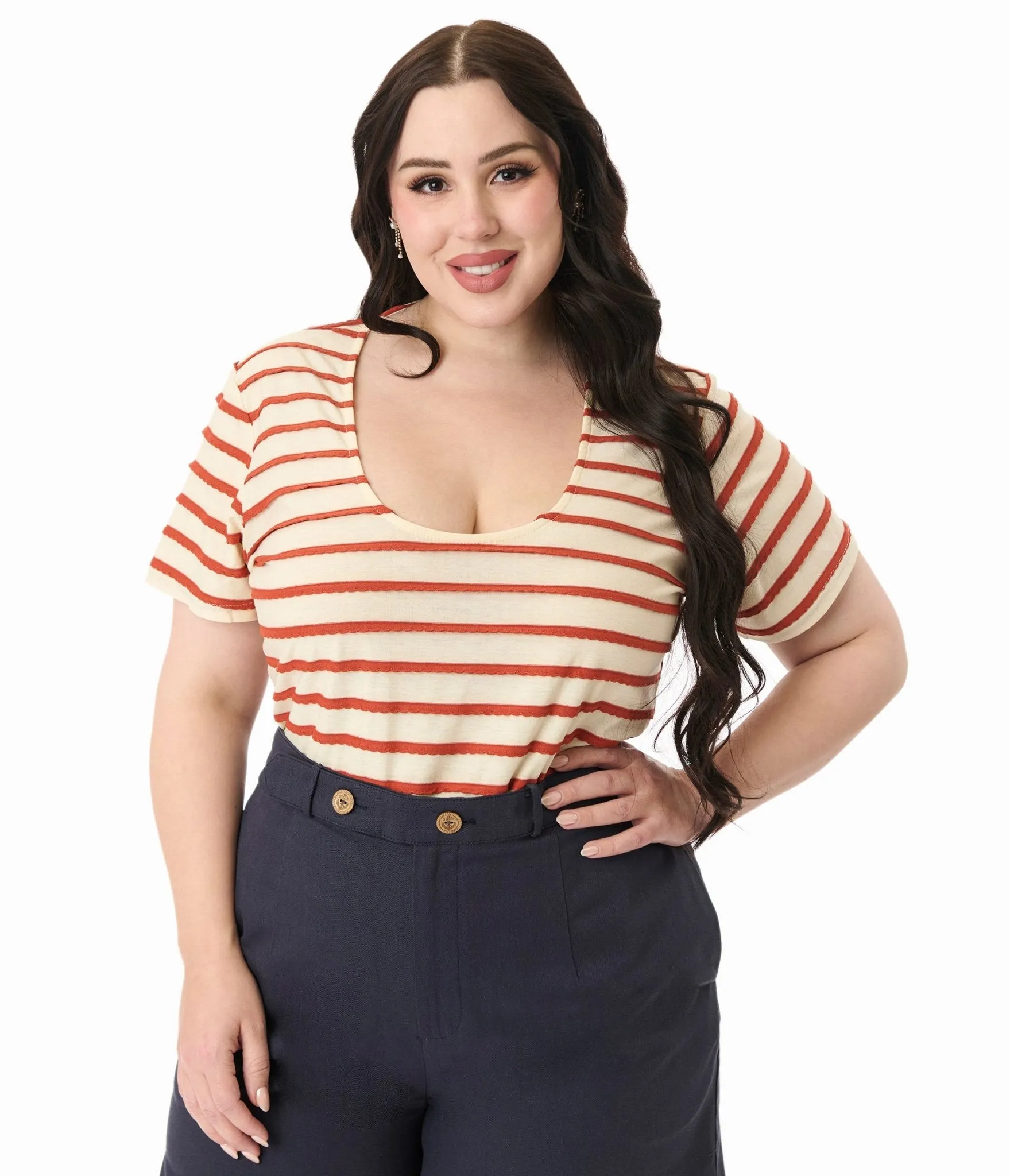 Royal Monk Plus Size Tan & Rust Orange Ruffle Stripe Knit Top Easy Date Night