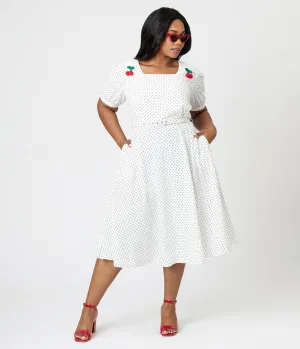 Royal Monk Plus Size White & Black Polka Dot Cherry Danny Sweet Spot Midi Dress Casual Everyday Look