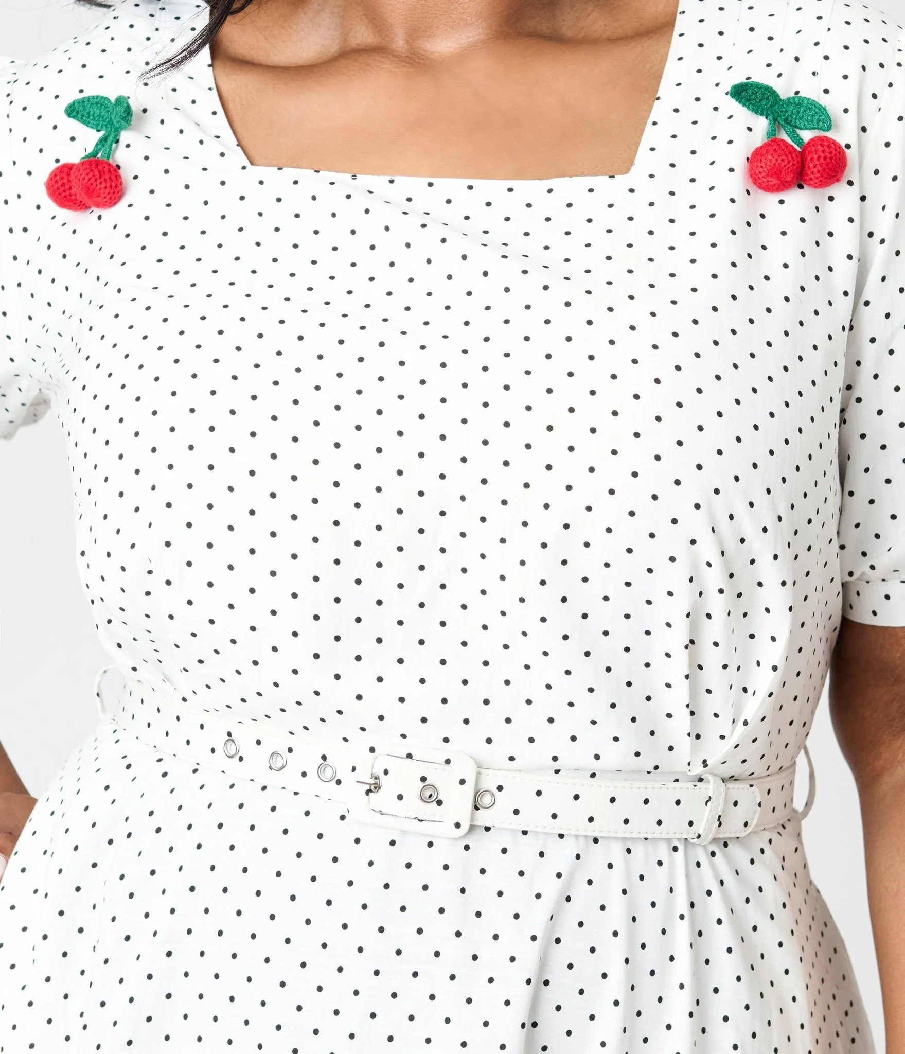 Royal Monk Plus Size White & Black Polka Dot Cherry Danny Sweet Spot Midi Dress Casual Everyday Look
