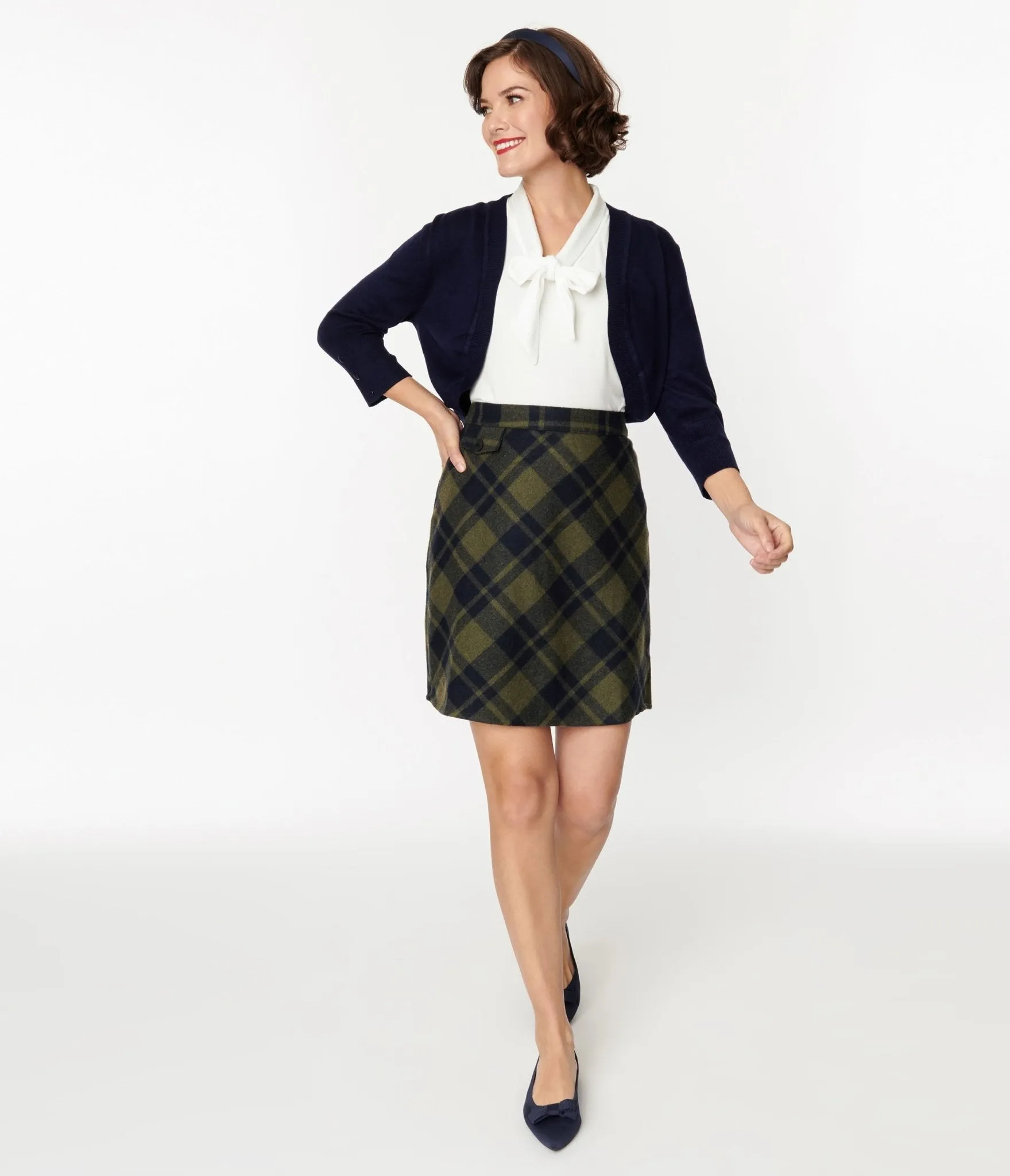 Sage Green & Navy Plaid Mini Skirt Comfortable Travel Wear