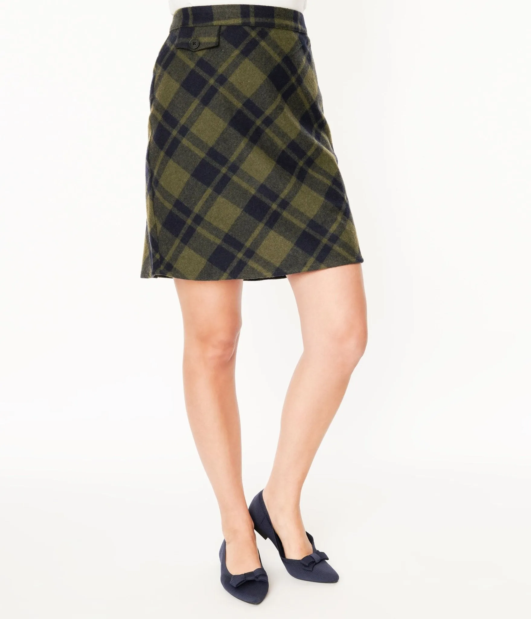 Sage Green & Navy Plaid Mini Skirt Comfortable Travel Wear
