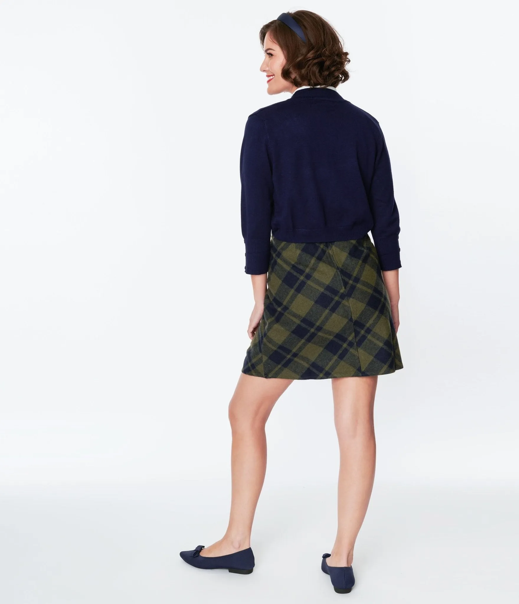 Sage Green & Navy Plaid Mini Skirt Comfortable Travel Wear