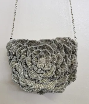 Silver Flower Beaded Crossbody Bag Fun Outing