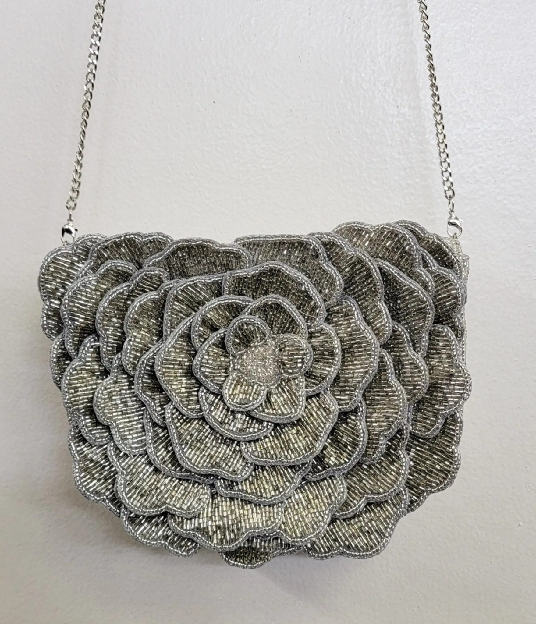Silver Flower Beaded Crossbody Bag Fun Outing