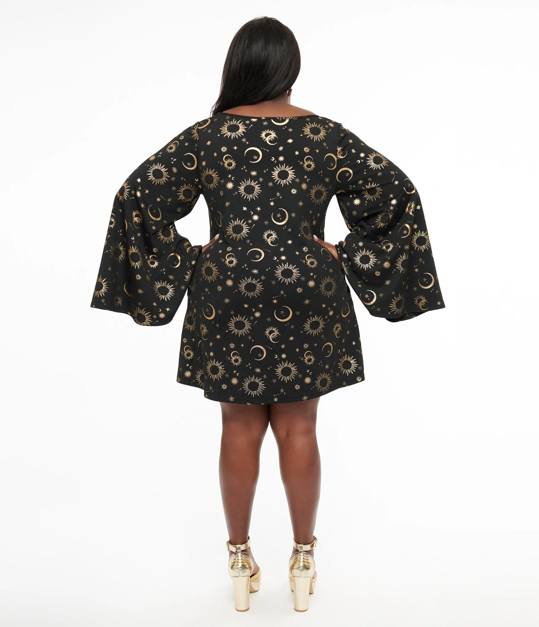 Smak Parlour 1960s Plus Size Black & Gold Celestial Print Mini Dress Casual Everyday Look