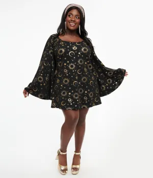 Smak Parlour 1960s Plus Size Black & Gold Celestial Print Mini Dress Casual Everyday Look