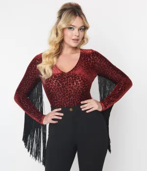 Smak Parlour 1970s Burgundy Floral Velvet Burnout Fringe Sleeved Bodysuit Easy Date Night